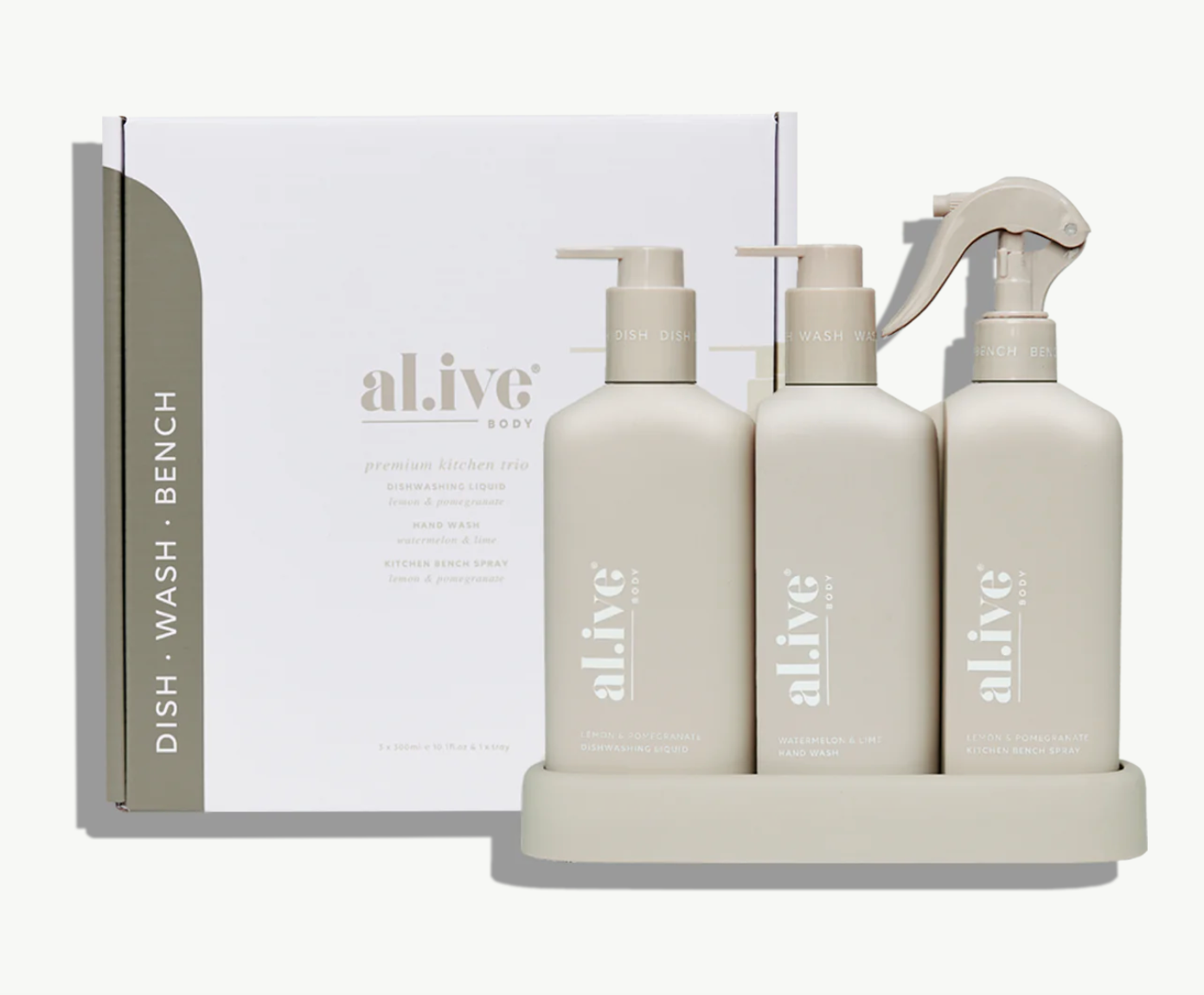 Al.ive -  Premium Kitchen Trio (Dishwashing Liquid, Hand Wash & Bench Spray + Tray)